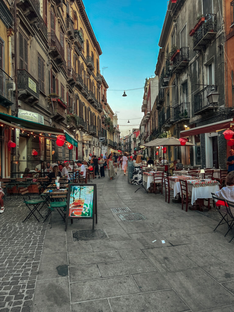 A street with restaurants in Cagliari